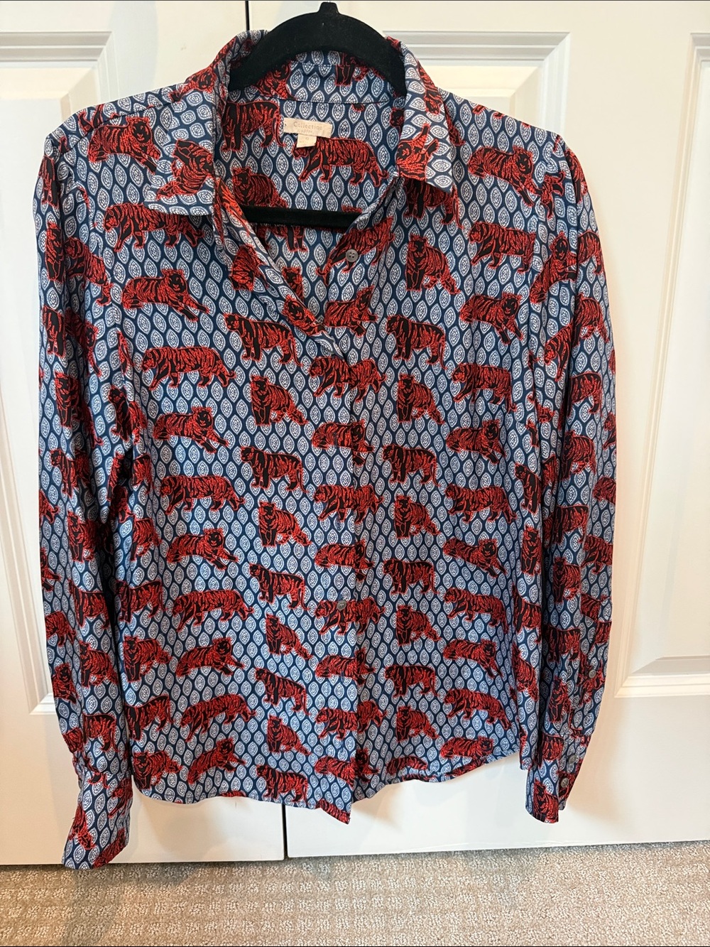 J. Crew Women’s Blue Button-Down Shirt with Red Tiger Print